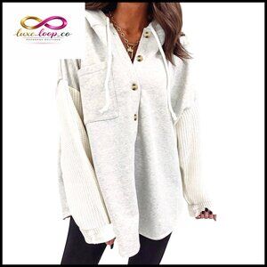 Oversized Button Hooded Sweatshirt Loose Fit Casual Long Sleeve with Pocket